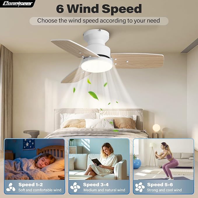 Conciseer 30 Inch Ceiling Fans with Lights and Remote, Bedroom Living Room Office, Flush Mount, 3CCT Dimmable, Dual Color 3 Blades, 6 Speed Reversible Quiet DC Motor, White/Wood Grain, 2 Pack
