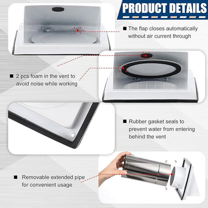 Gisafai 4" Outside Dryer Vent Cover for Exterior Walls Exhaust Vent Cap with Removable Extension Pipe Stainless Steel Hood Cushioned Non Return Flap with Sealing Gasket Grille Screen