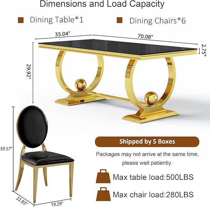 7-Piece Modern Luxury Dining Table Set, 70" Black Tempered Glass Kitchen Table with Gold Polished Stainless Steel U-Shaped Pedestal Base and 6 Black PU Leather Chairs, for Dining Room and Kitchen