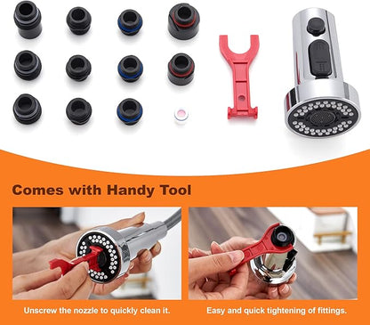 TIORIY Kitchen Faucet Head Replacement with 15 Adapters, 3 Function Pull Down Kitchen Faucet Spray Head, Pull Out Kitchen Sink Tap Sprayer Nozzle, Chrome, Plastic