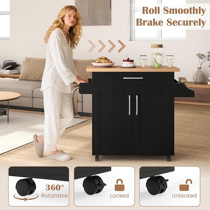 Giantex Kitchen Island, Rolling Kitchen Cart with Spice and Towel Rack, Large Drawer & 2-Door Storage Cabinet, Home Service Cart on Lockable Wheels, Wood Kitchen Trolley, Spacious Tabletop (Black)