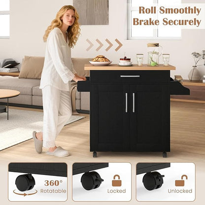 Giantex Kitchen Island, Rolling Kitchen Cart with Spice and Towel Rack, Large Drawer & 2-Door Storage Cabinet, Home Service Cart on Lockable Wheels, Wood Kitchen Trolley, Spacious Tabletop (Black)
