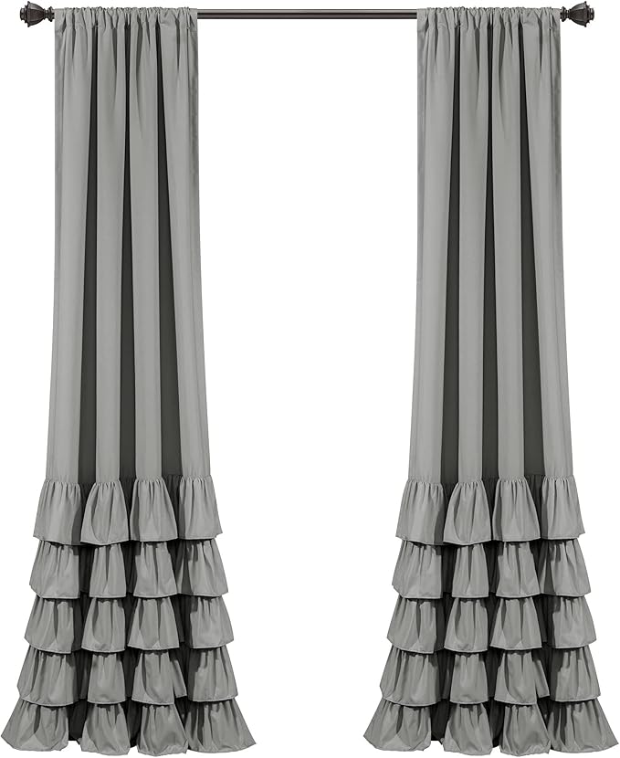 Lush Decor Allison Ruffle Light Filtering Window Curtain Panels Pair 40" W x 84" L Dark Gray - Coquette Curtains for Bedroom - Ruffle Curtains Kids