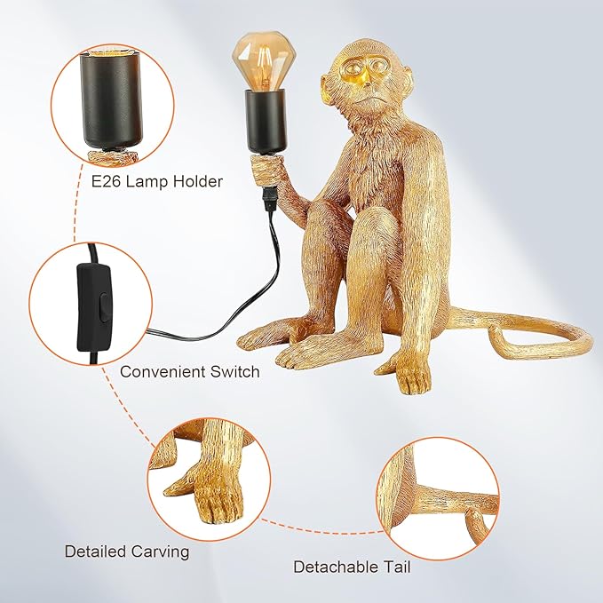 Monkey Table Light, Vintage Creative Animal Statue Desk Lamp for Home Decor, Living Room, Bedroom, Home Office, Kids Room, Resin Material-Gold