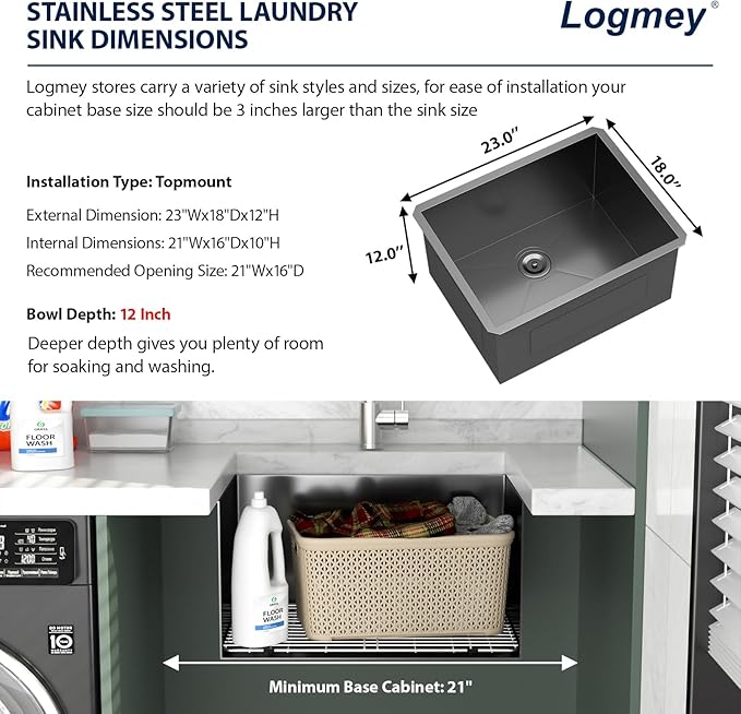 Logmey 23x18 Black Undermount Laundry Sink 23 Inch Laundry Room 12" Deep Sinks Handmade 16 Gauge Heavy Duty Stainless Steel Large Capacity Utility Washing Tub for Home & Commercial Use
