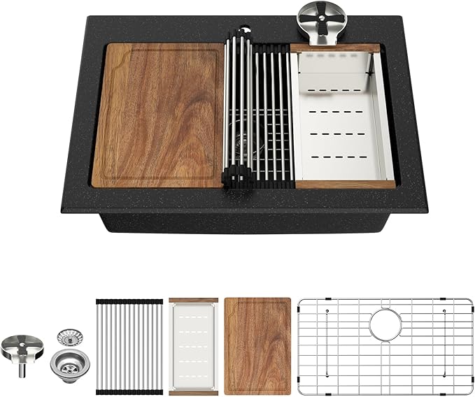 30 Granite Composite Kitchen Sink - Beslend 30x22 Drop In Black Kitchen Sink with High Pressure Glass Rinser, Granite Composite Worksation Black Sinks Easy Clean Quartz Basin for Kitchen Remodel