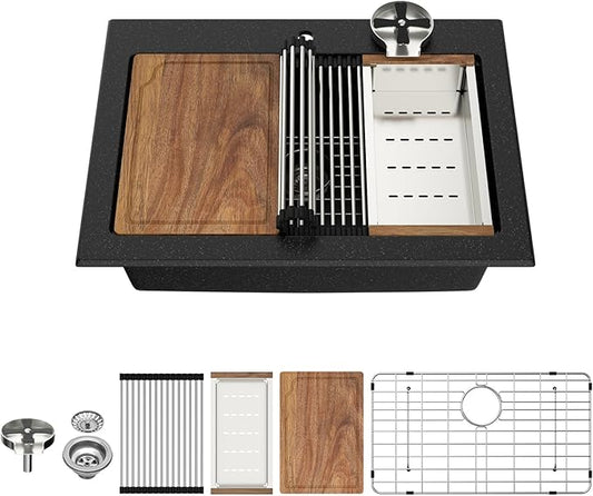 30 Granite Composite Kitchen Sink - Beslend 30x22 Drop In Black Kitchen Sink with High Pressure Glass Rinser, Granite Composite Worksation Black Sinks Easy Clean Quartz Basin for Kitchen Remodel