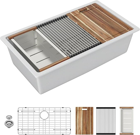 Sarlai 33 Granite Composite Kitchen Sink - 33 x 19 Inch Granite Undermount Kitchen Sink Ledge Workstation Under-Mount White Quartz Classic Single Bowl Sinks Under Counter Basin With Accessories