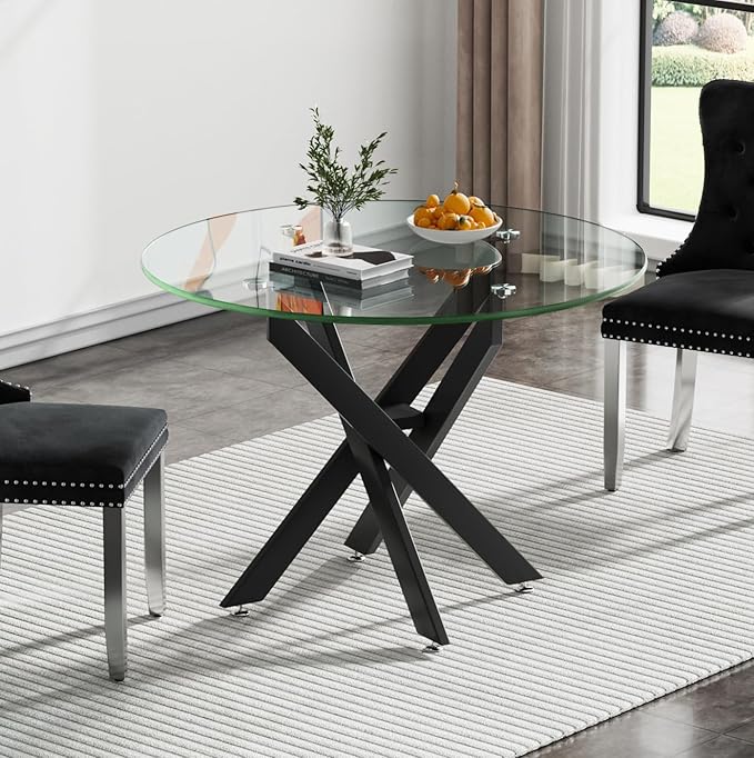 35.43'' Round Glass Dining Table,Modern Kitchen Table for 2-4 People,Dining Room Table with Tempered Glass Top and Metal Legs for Kitchen Apartment