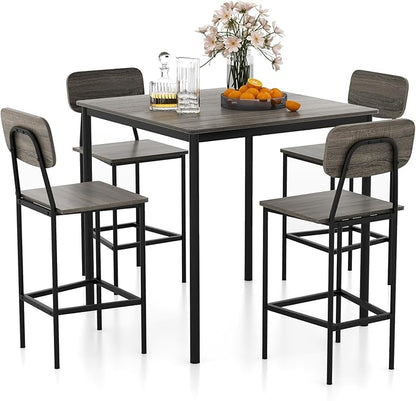 KOTEK 5-Piece Counter Height Dining Table Set, Industrial Kitchen Table and Chairs for 4, Space-Saving Dinette Set with Bar Stools for Dining Room, Pub, Restaurant (Grey Oak)