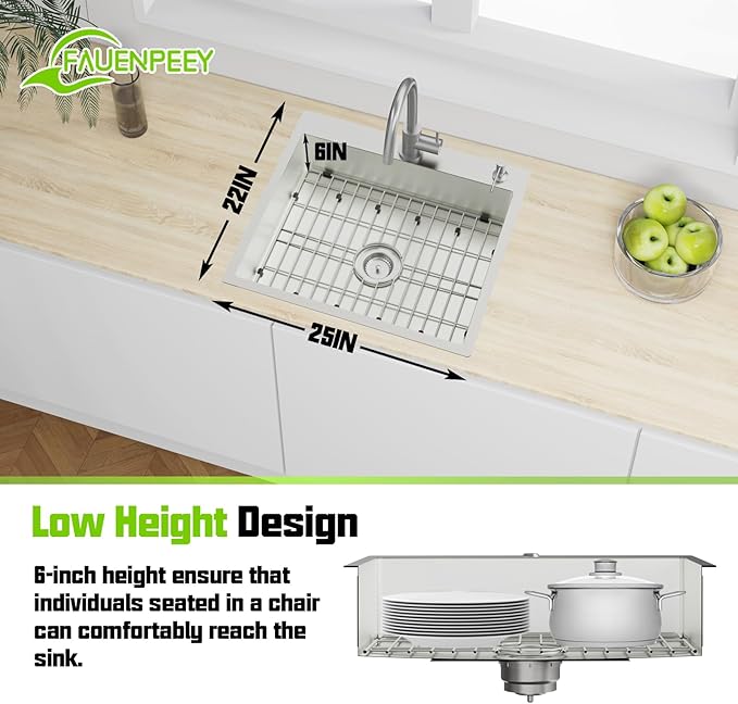 Stainless Steel Kitchen Sink, 25x22x6 Inch Low Height Design Single Bowl Drop In Topmount Kitchen Sink Come With Accessories Ensure Individuals With Limited Mobility Easily Accessing And Using