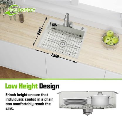 Stainless Steel Kitchen Sink, 25x22x6 Inch Low Height Design Single Bowl Drop In Topmount Kitchen Sink Come With Accessories Ensure Individuals With Limited Mobility Easily Accessing And Using