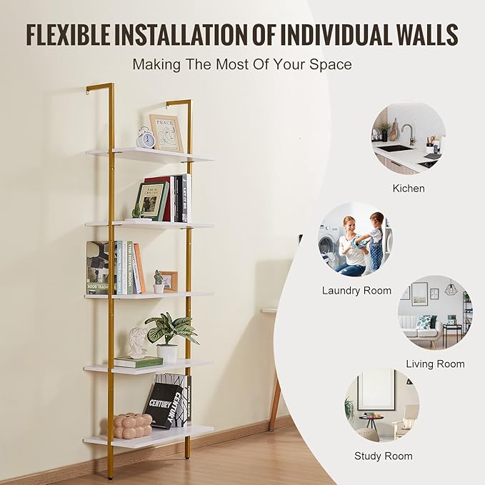 VEVOR Ladder Shelf, 5-Tier Bookshelf 24x11.8in, Open Wall-Mounted Ladder Shelf with Metal Frame,Storage Rack Sundries Holder for Kitchen Bedroom Bathroom Living Room, Gold White