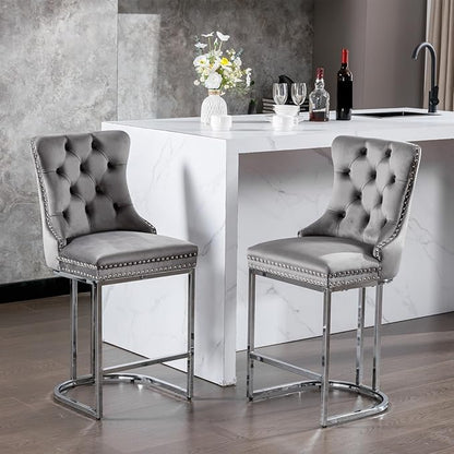 26" Counter Height Bar Stools Set of 2, Modern Velvet Barstools with Button Back&Rivet Trim Upholstered Kitchen Island Chairs with Sturdy Chromed Metal Base Legs
