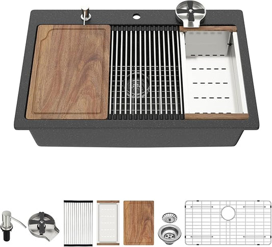 33 Granite Composite Kitchen Sink - Beslend 33x22 Drop In Black Kitchen Sink with High Pressure Glass Rinser, Granite Composite Worksation Black Sinks Easy Clean Quartz Basin for Kitchen Remodel