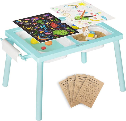 Easyego Sensory Table for Toddlers Kids Play Wooden Sand Water Table with Double-Sided Board & Foldable Storage Bins for Indoor and Outdoor Use, Birthday Gifts for Boys and Girls - Sky Blue