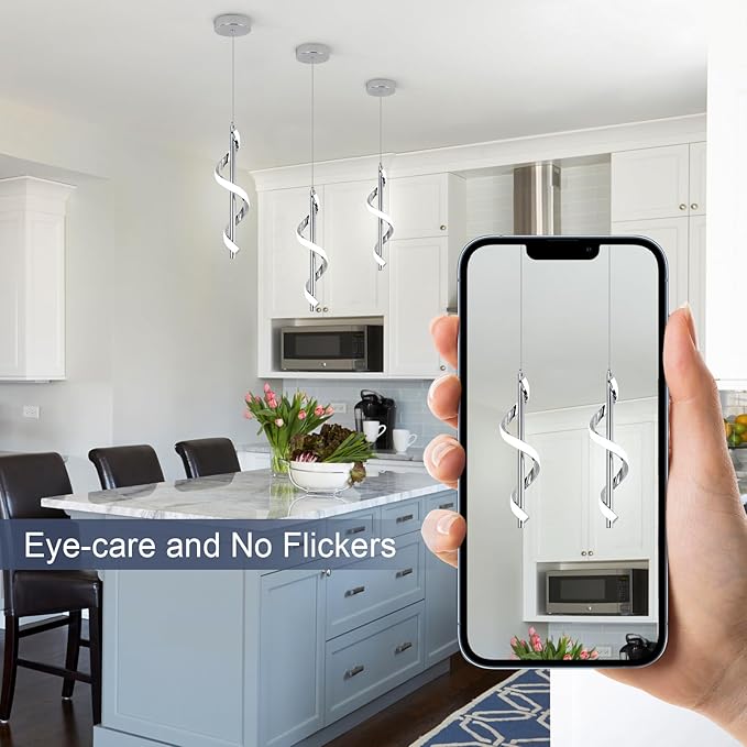 CANEOE 3 Packs Modern Spiral Led Pendant Light Fixture, Cold White 5500K Kitchen Island Pendant Lamp, Adjustable Hanging Light Fixture for Bedroom Living Room Kitchen Sink (Chrome)