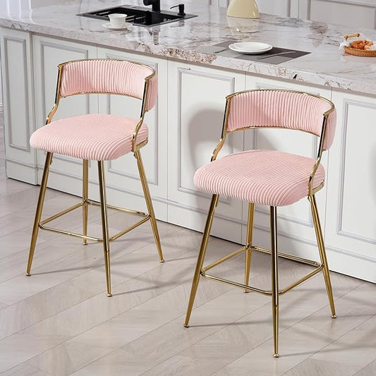 2-Pack Pink Corduroy Counter Height Bar Stools with Back, Golden Chrome Base and Footrest, Modern Kitchen Island Stools Set of 2, Upholstered Dining Stools for Home, Office, Cafe