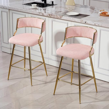 GOWE (Set of 2 26'' Counter Height bar stools Corduroy Kitchen Island Counter bar Stool with Back,Golden Chromed Base and footrest (Pink)