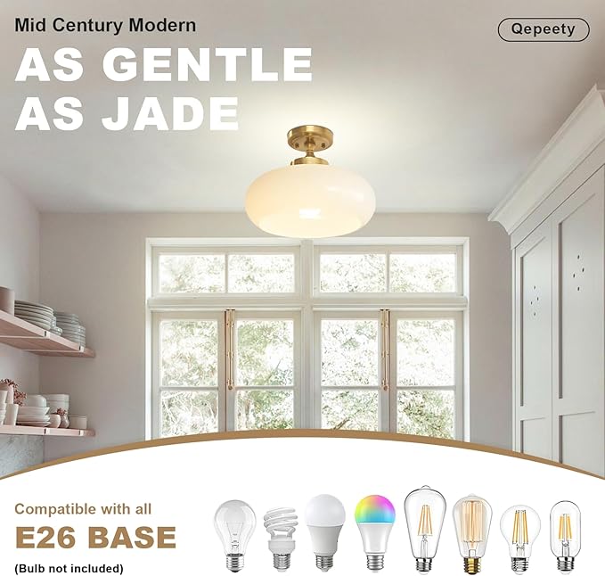Mid Century Modern Semi Flush Mount Ceiling Light Fixture, Gold Chandelier with 11.02" Milk White Glass Shade, Vintage Close to Ceiling Lamp for Hallway, Entryway, Bathroom, Closet