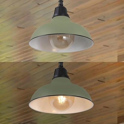 JONATHAN Y 12.25" Matte Olive Green 1-Light Farmhouse Indoor/Outdoor LED Pendant Iron Hanging Light, and Black Metal Shade, Rustic Ceiling Lamp for Kitchen Island, LED Bulb Included (JYL7611I)