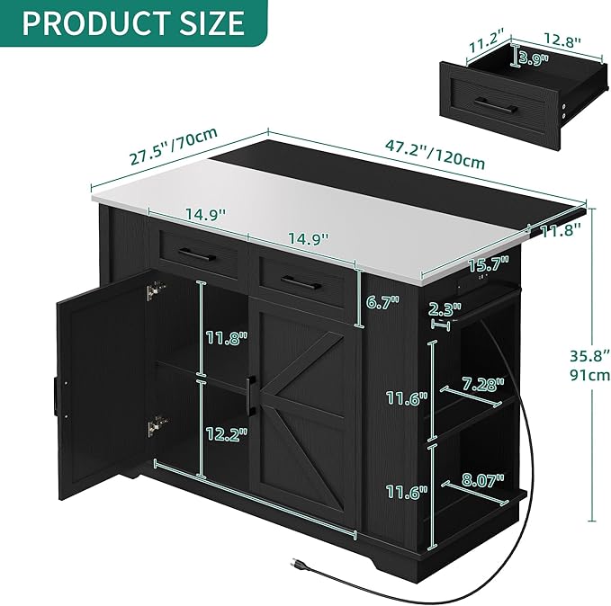 YITAHOME Kitchen Island with Drop Leaf, 47 Inch Mobile Stroage Islands with Stainless Steel Top, Rolling Island Table with Power Outlet, Adjustable Shelves, Spice Rack, Towel Rack for Kitchen, Black