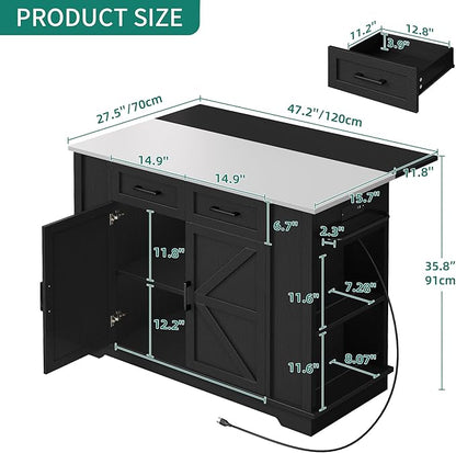 YITAHOME Kitchen Island with Drop Leaf, 47 Inch Mobile Stroage Islands with Stainless Steel Top, Rolling Island Table with Power Outlet, Adjustable Shelves, Spice Rack, Towel Rack for Kitchen, Black