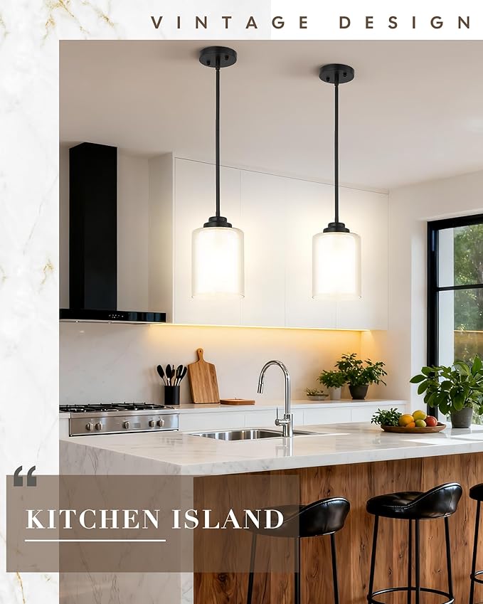 TENGXIN Modern Pendant Light,6-in Matte Black Pendant Lights Kitchen Island,Farmhouse Pendant Lighting for Dining Room Bedroom Bar Office 2Pack,TXPLBK02-2PK-L