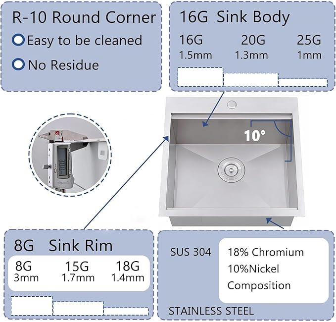 Drop In Kitchen Sink, 21x20 Inch Bar Sink Workstation Stainless Steel Outdoor Topmount Small Sinks, 16 Gauge Single Bowl Kitchen Sinks for Laundry Office Wet Bar Prep RV Yard with Accessories