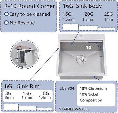 Drop In Kitchen Sink, 21x20 Inch Bar Sink Workstation Stainless Steel Outdoor Topmount Small Sinks, 16 Gauge Single Bowl Kitchen Sinks for Laundry Office Wet Bar Prep RV Yard with Accessories
