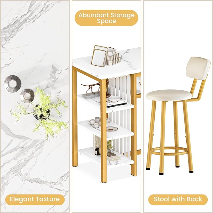 Lamerge Furniture Kitchen Bar Height Table and Chairs for 2, 5-Tier Compact Dining Room Table, White Faux Marble Top and 2 PU Leather Upholstered Seat, Modern Diningroom Set for Home/Studio/Office