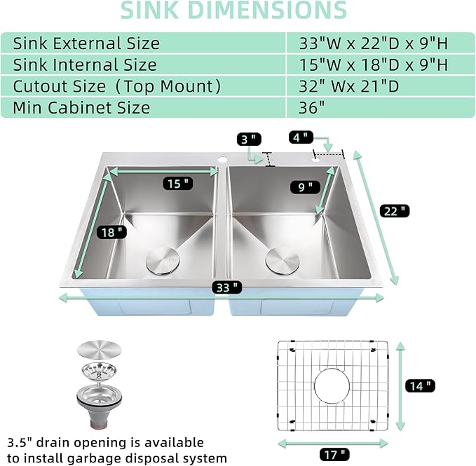 PHS 33 Inch Drop In Double Bowl Kitchen Sink 50/50-16 Gauge Stainless Steel Overmount Kitchen Sink 33x22 with Accessories, 9 Inch Deep Sinks with Brushed Finish