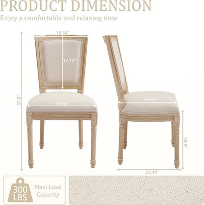 Farmhouse Vintage Dining Chairs Set of 4, Linen Fabric Dining Chairs with Square Rattan Backrest, Kitchen & Dining Room Chairs for Restaurant/Living Room (Beige-Padded, Set of 4)