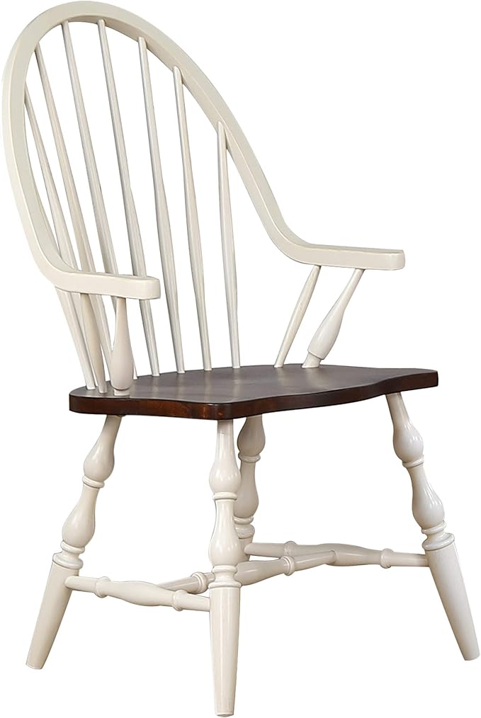 Sunset Trading Andrews Windsor Dining Chair with Arms | Two Tone Antique White Chestnut Brown Solid Wood | Fully Assembled Armchair