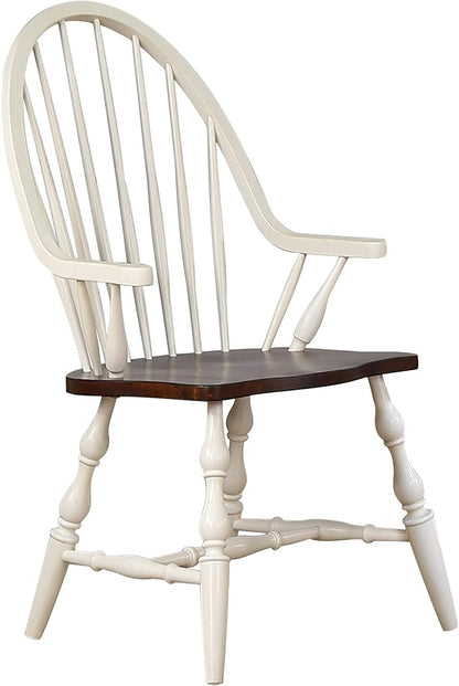 Sunset Trading Andrews Windsor Dining Chair with Arms | Two Tone Antique White Chestnut Brown Solid Wood | Fully Assembled Armchair