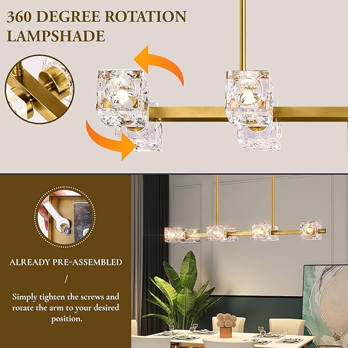 Modern Crystal Chandeliers for Dining Room, 8-Light Gold Rectangular Dining Room Light Fixture, Adjustable Farmhouse Pendant Light with K9 Crystal Cube Shade for Kitchen Island, Living Room, Bedroom