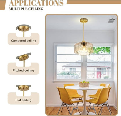 Modern Gold Pendant Light Mid-Century Chandelier for Dining Room, Amber Stripe Glass Shade, Adjustable Height Hanging Lamp for Breakfast Nook Bedroom Dining Room Living Room