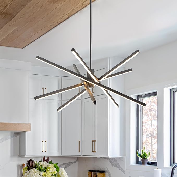 Y'INSP Black Sputnik Chandeliers Modern LED Linear Chandelier Light 5 Lights Dining Room Light Fixtures Over Table Embedded 45W Sputnik Light Fixture for Kitchen Island Bedroom Living Room