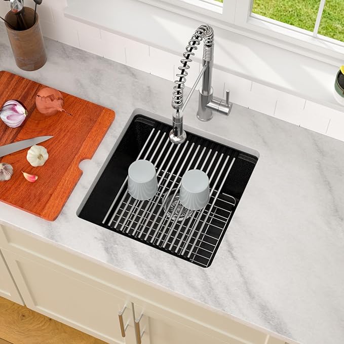 Dcolora 18 In. Black Undermount Granite Composite Bar Sink Single Bowl Workstation, Quartz Kitchen Sink, 18" x 18" x 10" #DC-GU0002BS