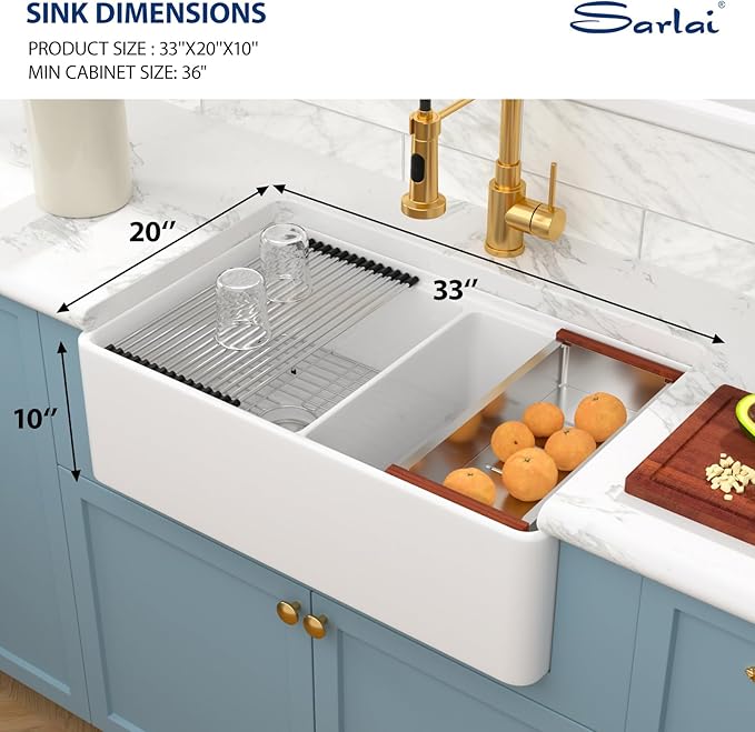 Sarlai 33 White Farmhouse Sink Double Bowl - 33 Inch White Kitchen Sink Ledge Workstation Ceramic Porcelain Fireclay Double Bowl 50/50 Apron Front Reversible Deep Rectangular Farm Sinks