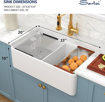 Sarlai 33 White Farmhouse Sink Double Bowl - 33 Inch White Kitchen Sink Ledge Workstation Ceramic Porcelain Fireclay Double Bowl 50/50 Apron Front Reversible Deep Rectangular Farm Sinks