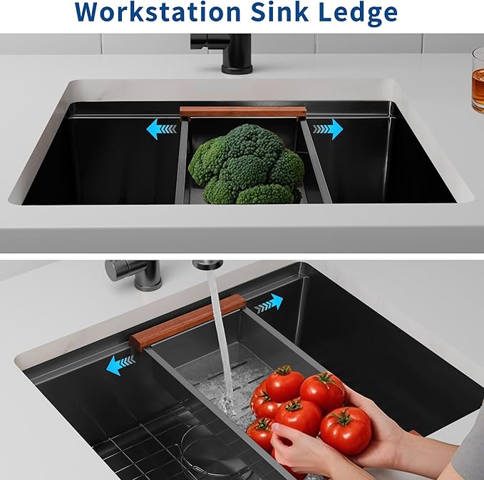 23 Inch Black Undermount Kitchen Sink,16 Gauge Stainless Steel Kitchen Sink Single Bowl, 23"x19"x9" Undermount Sink Ledge Workstation Sinks With All Accessories, Multi-Functional Sinks