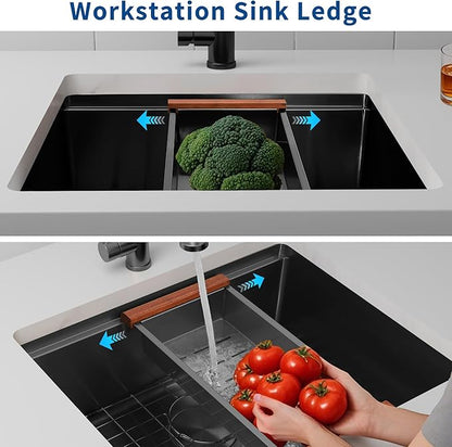 23 Inch Black Undermount Kitchen Sink,16 Gauge Stainless Steel Kitchen Sink Single Bowl, 23"x19"x9" Undermount Sink Ledge Workstation Sinks With All Accessories, Multi-Functional Sinks