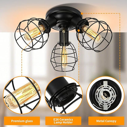 EVAHOM Pull Chain Light Fixture, 3 Light Semi Flush Mount Ceiling Fixture, Vintage Pendant Light Fixture for Porch/Hallway/Kitchen/Bedroom, Bulb Not Included