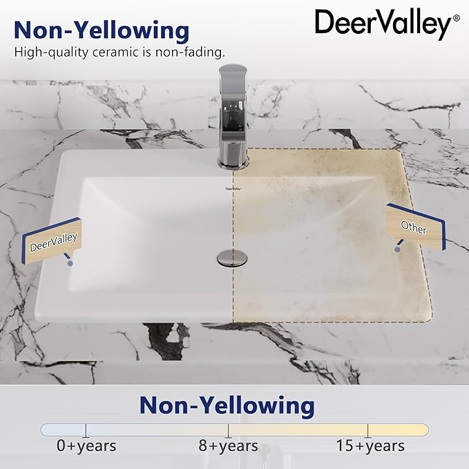 DeerValley 21"x18" Drop-In Bathroom Sink Ceramic Rectangle Vessel Sink with Overflow Vanity Bathroom Vessel Sink Bowl