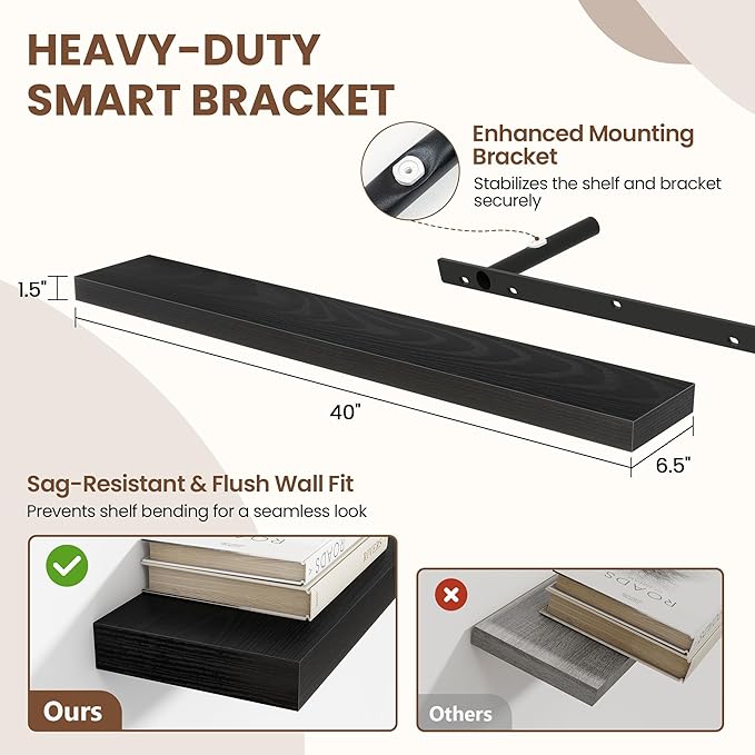 Acovy 40 Inch Floating Shelves for Wall 2 Pack, 40" Wall Shelves for Books, Storage, Decor, Wall Mounted Floating Shelf with Invisible Brackets for Kitchen, Living Room, Black