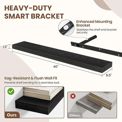 Acovy 40 Inch Floating Shelves for Wall 2 Pack, 40" Wall Shelves for Books, Storage, Decor, Wall Mounted Floating Shelf with Invisible Brackets for Kitchen, Living Room, Black