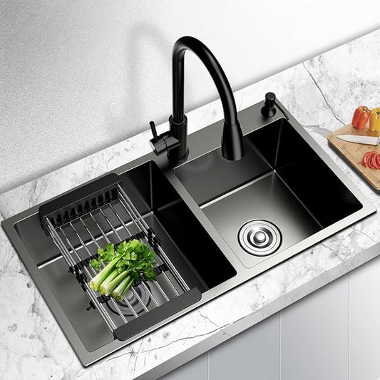 31" x 18" Black Double Bowl Kitchen Sink, Drop-in/Topmount 304 Stainless Steel Sink with Nano Coating & Accessories Set