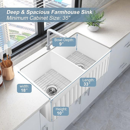 HOROW HRSW Farmhouse Kitchen Sink, 33-inch Double Bowl Sink with Bottom Grid and Strainer,Large Apron-front Ceramic Porcelain Sink Basin, 18"D x 33"W x 10"H, White