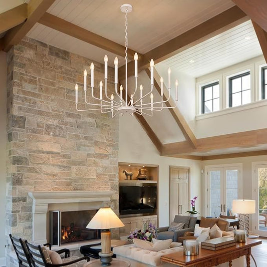 French Country Chandelier, 16 Light Farmhouse Chandeliers for Dining Room Lighting Fixtures Hanging, White Chandelier Light Fixture, Industrial Chandeliers for Living Room Kitchen Staircase Foyer